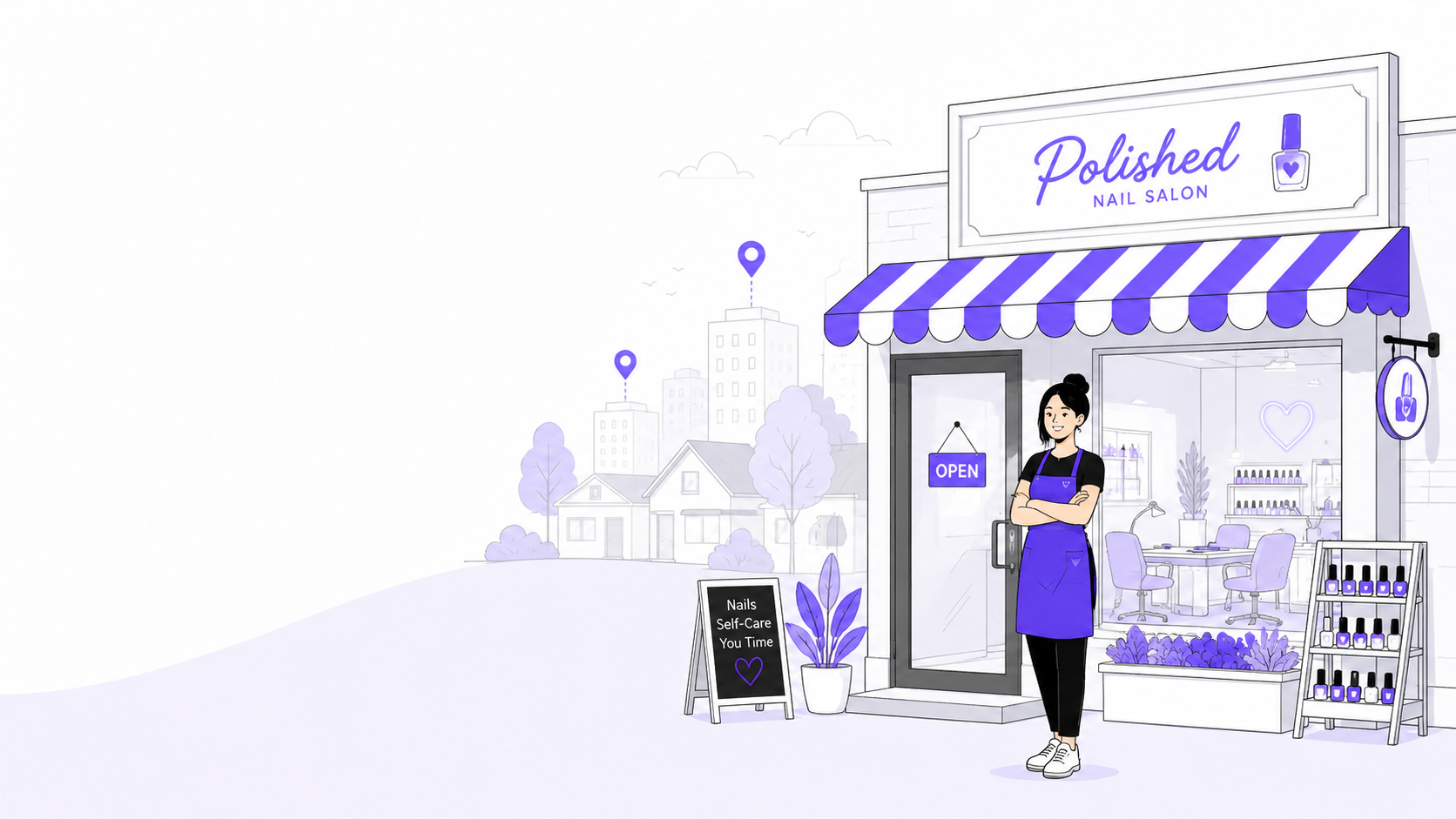 Illustration of a small nail salon storefront with owner